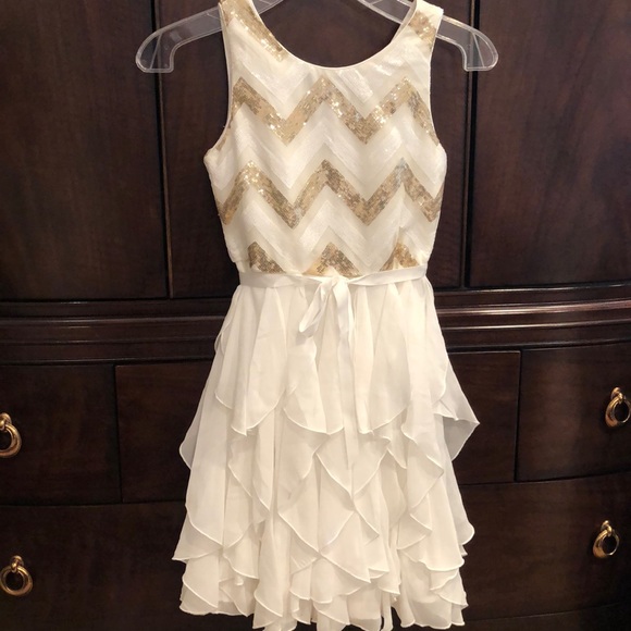 Beautiful ivory and gold sequined dress. Ruffle layers. Worn 2 x’s - Picture 1 of 5